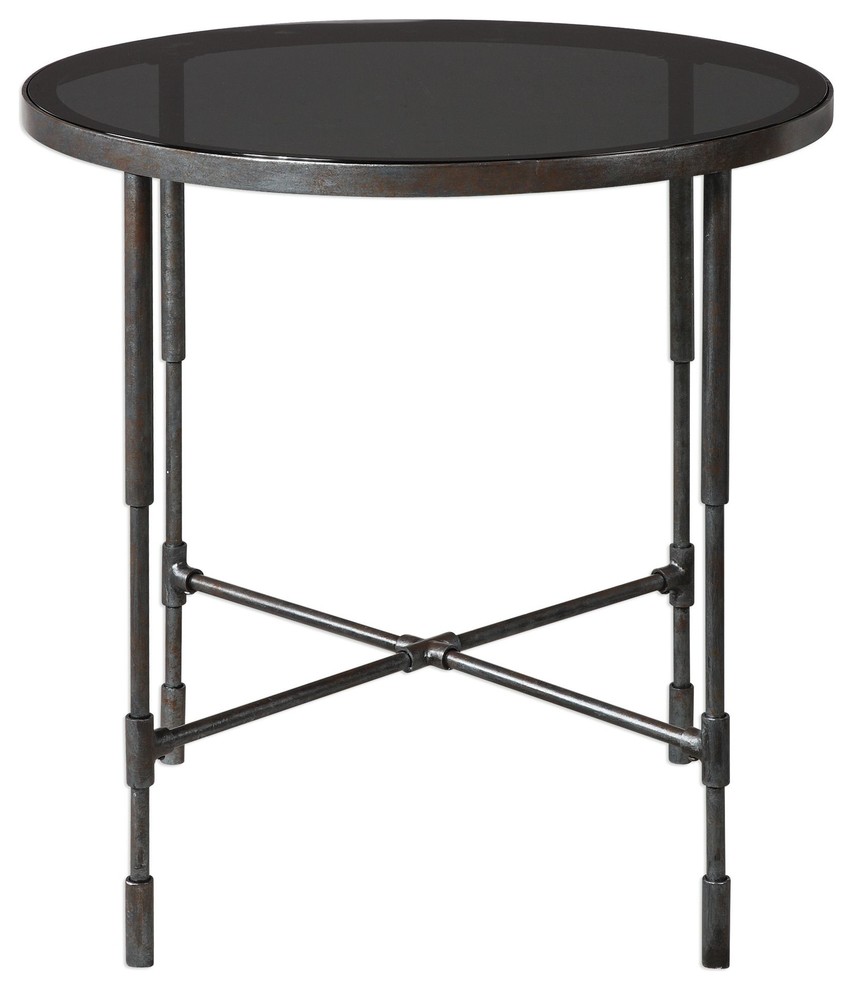 Industrial Minimalist Rustic Metal Accent Table Round Pipe Fitting Retro Glass   Contemporary   Side Tables And End Tables   by My Swanky Home  Houzz