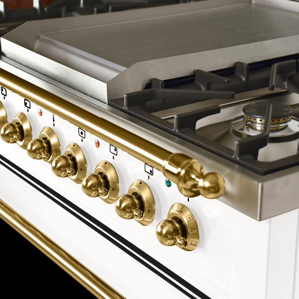 Hallman 36 in. 3.55 cu. ft. Single Oven Dual Fuel Italian Range True Convection 5 Burners Griddle LP Gas Brass Trim in White HDFR36BSWTLP