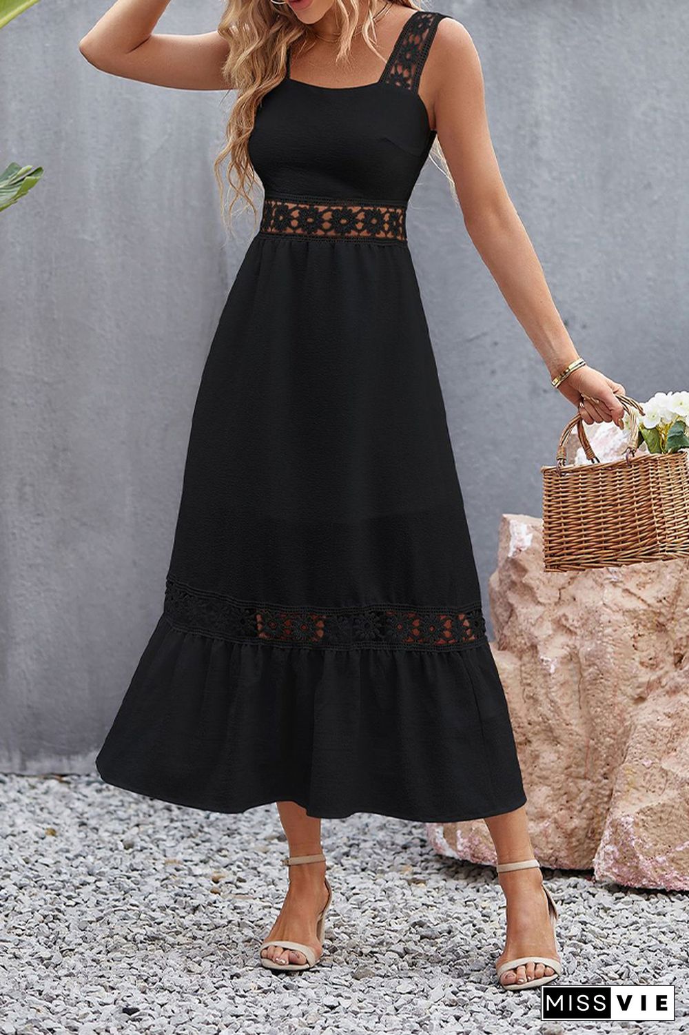 Lace Strap Square Neck Hollow Out Waist Maxi Dress