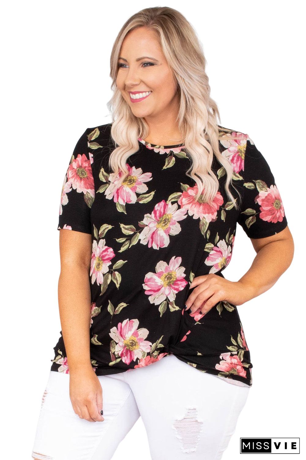 Black Plus Size Floral Print Twist Knot Top