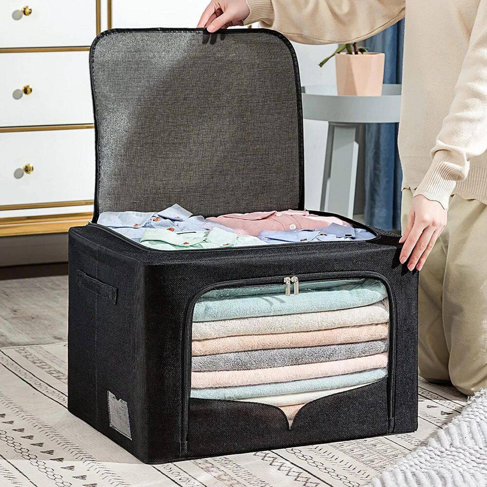 70 qt. Linen Clothes Storage Bin with Lid in Black (3-Pack) A46A1-bin-666