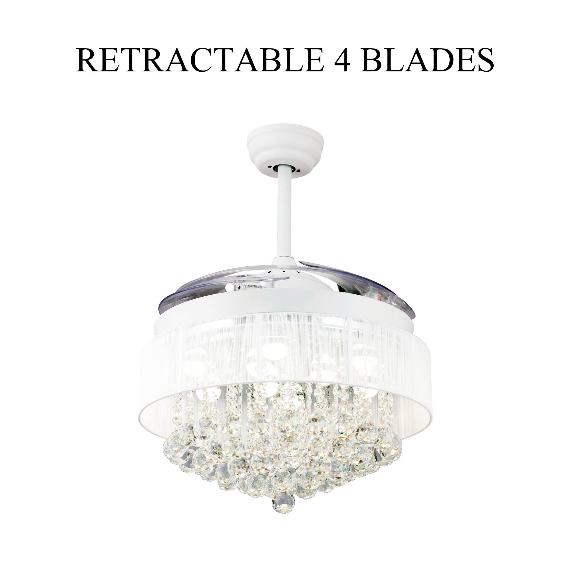 Retractable Crystal Ceiling Fans with Lights and Remote Control Chandelier LED Ceiling Fan， 4000K Cool Lights， White