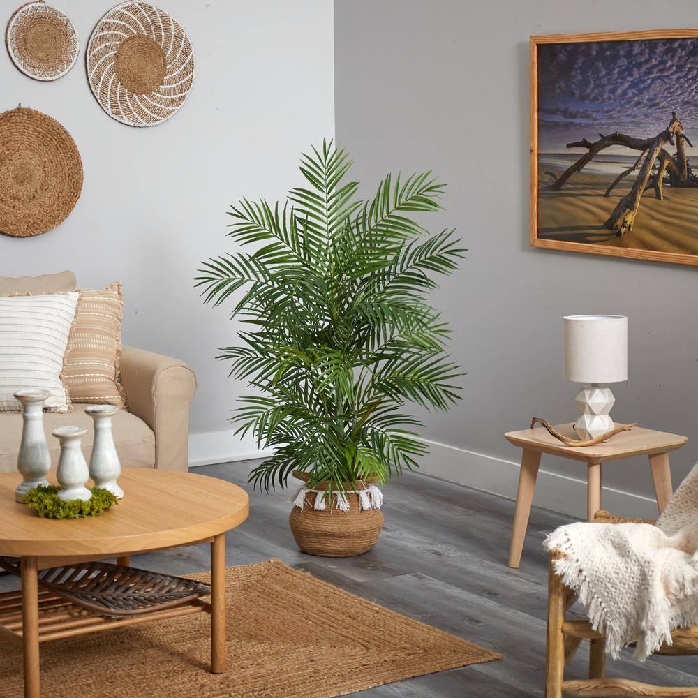 Nearly Natural 4 ft. Green Areca Artificial Palm in Boho Chic Handmade Natural Cotton Woven Planter with Tassels T2930