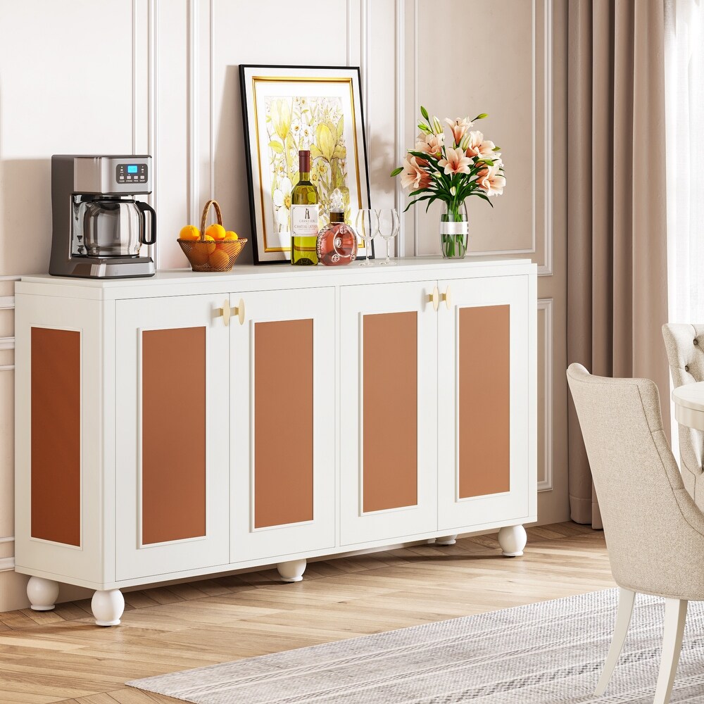 4 Door Sideboard Buffet Storage Cabinet with Orange Leather Doors and Adjustable Shelves for Kitchen Dining Room