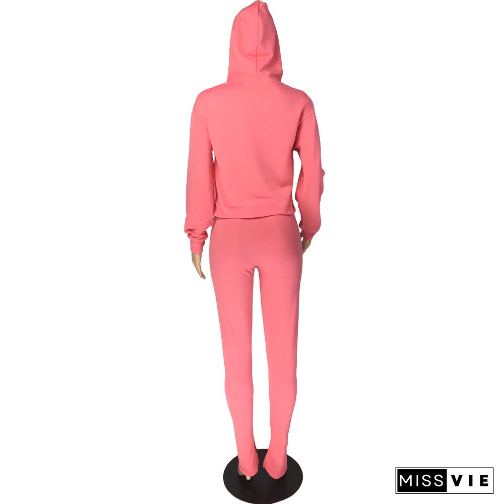 Solid Color Long Sleeve Hoodies Sweatshirt Pants Set