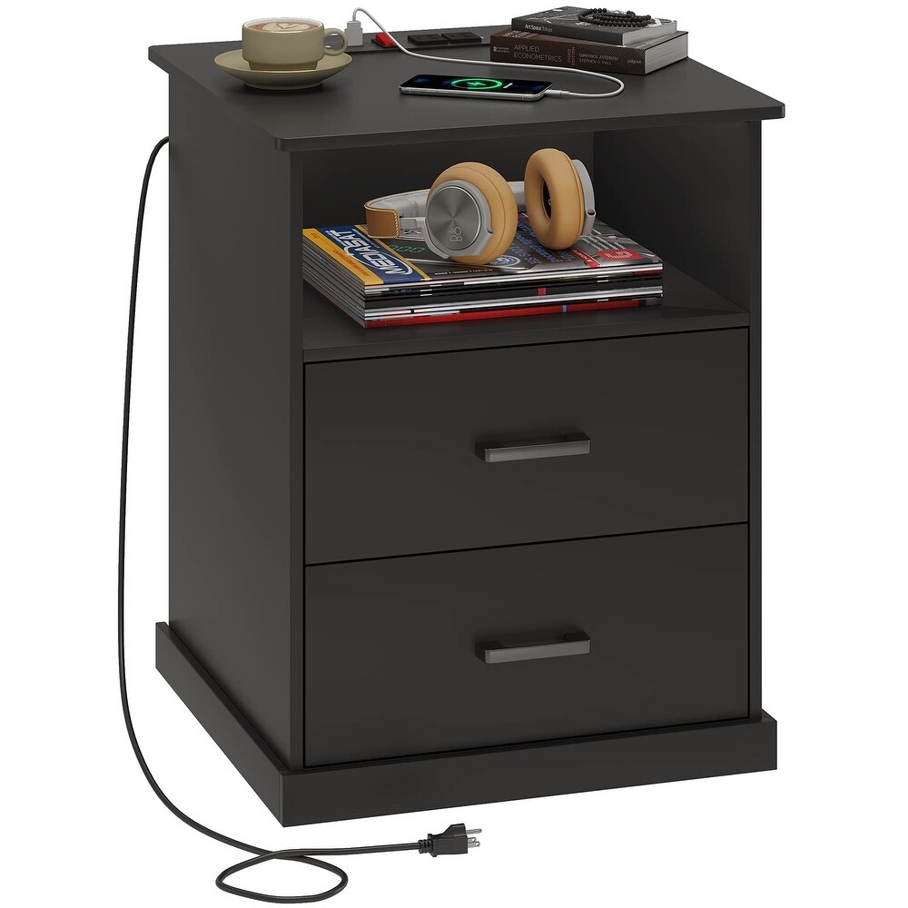 Nightstand with Charging Station  Large Side Table with 2 Storage Drawer and Open Cubby  Black Bedside End Table