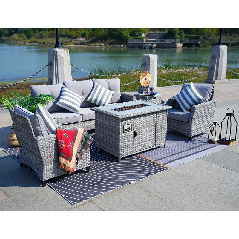 5 Piece Patio Wicker Sofa Set with Firepit Table and Rain cover