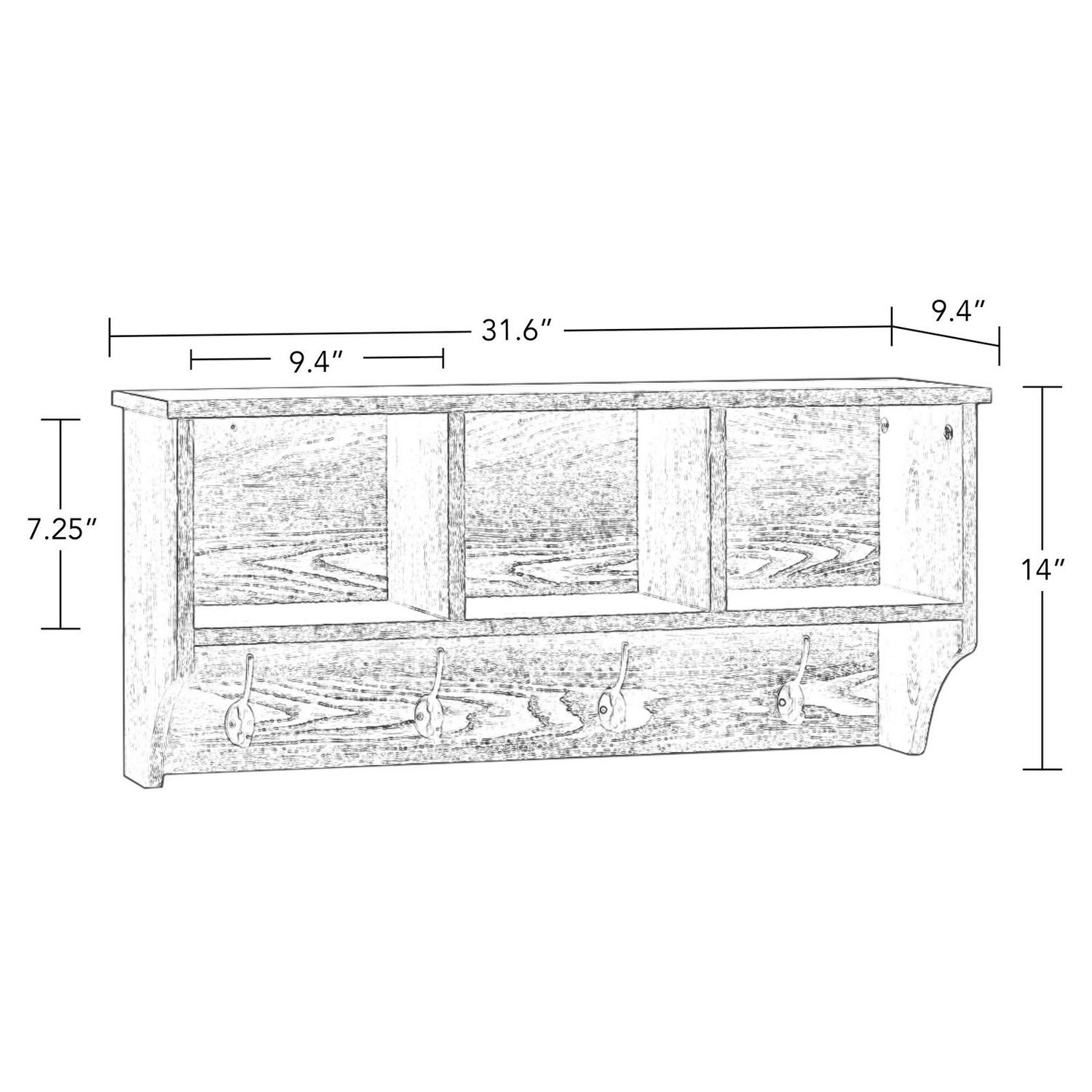 RiverRidge Home Woodbury Collection Wall Shelf with 3 Cubbies and 4 Double Hooks in Dark Weathered Woodgrain  Crowdfused