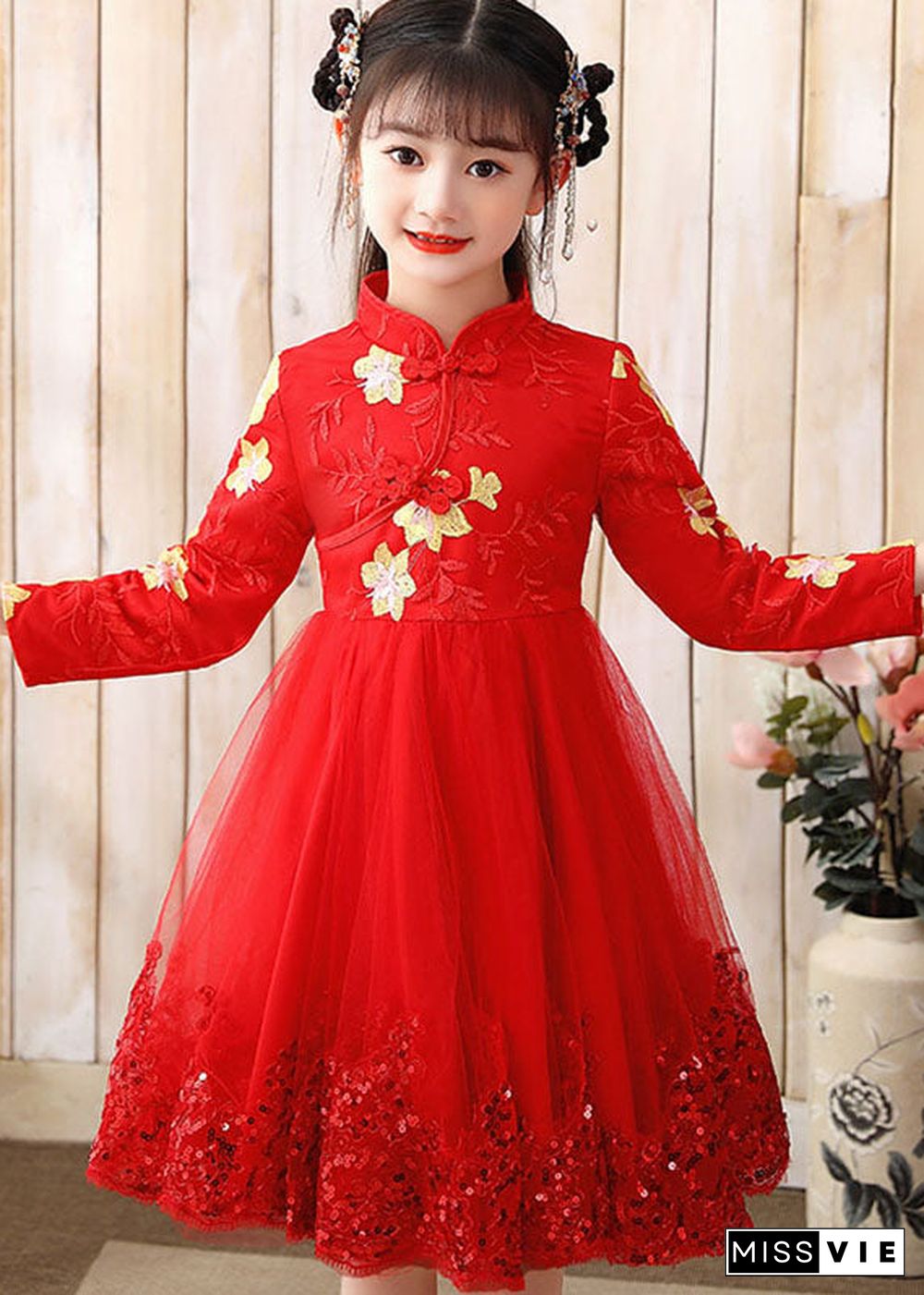 Red Stand Collar Sequins Tulle Kids Maxi Dress Long Sleeve