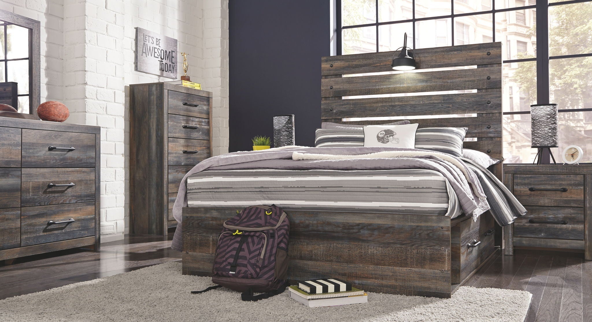 Drystan Multi Full Bed with Storage Footboard with Dresser and Mirror