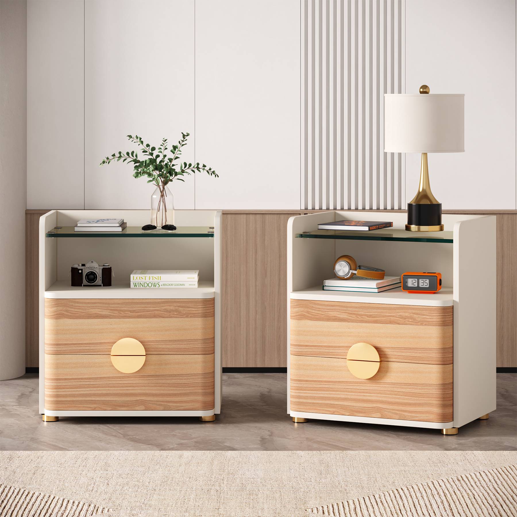 2-Drawer Nightstand, Modern Bedside Table with Open Storage