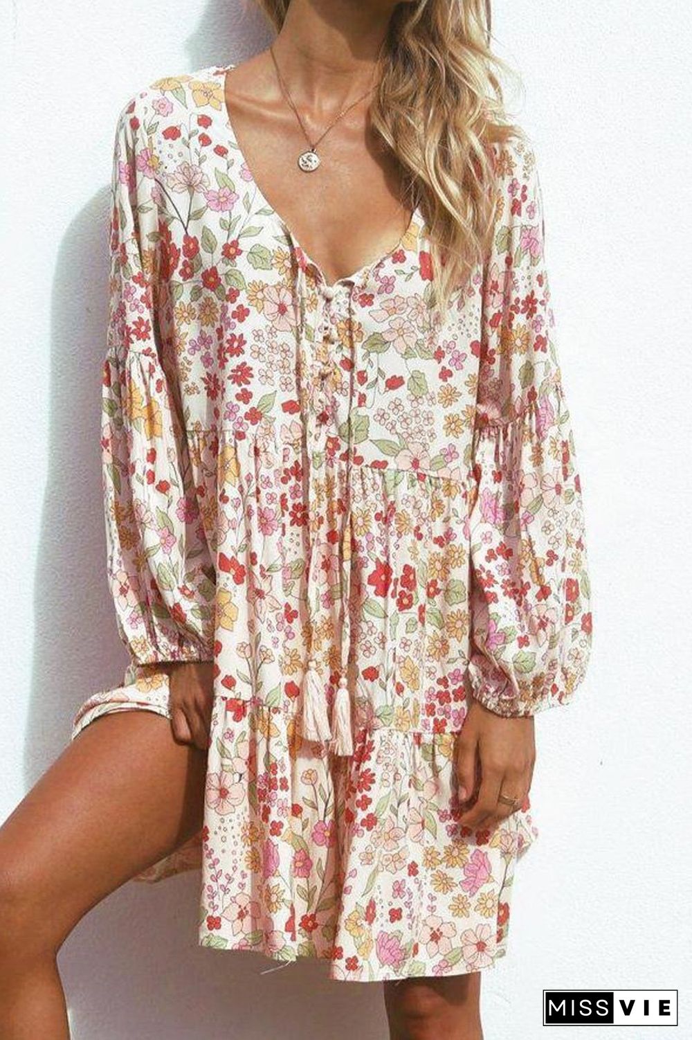 Floral Printed V-Neck Tassel Dress