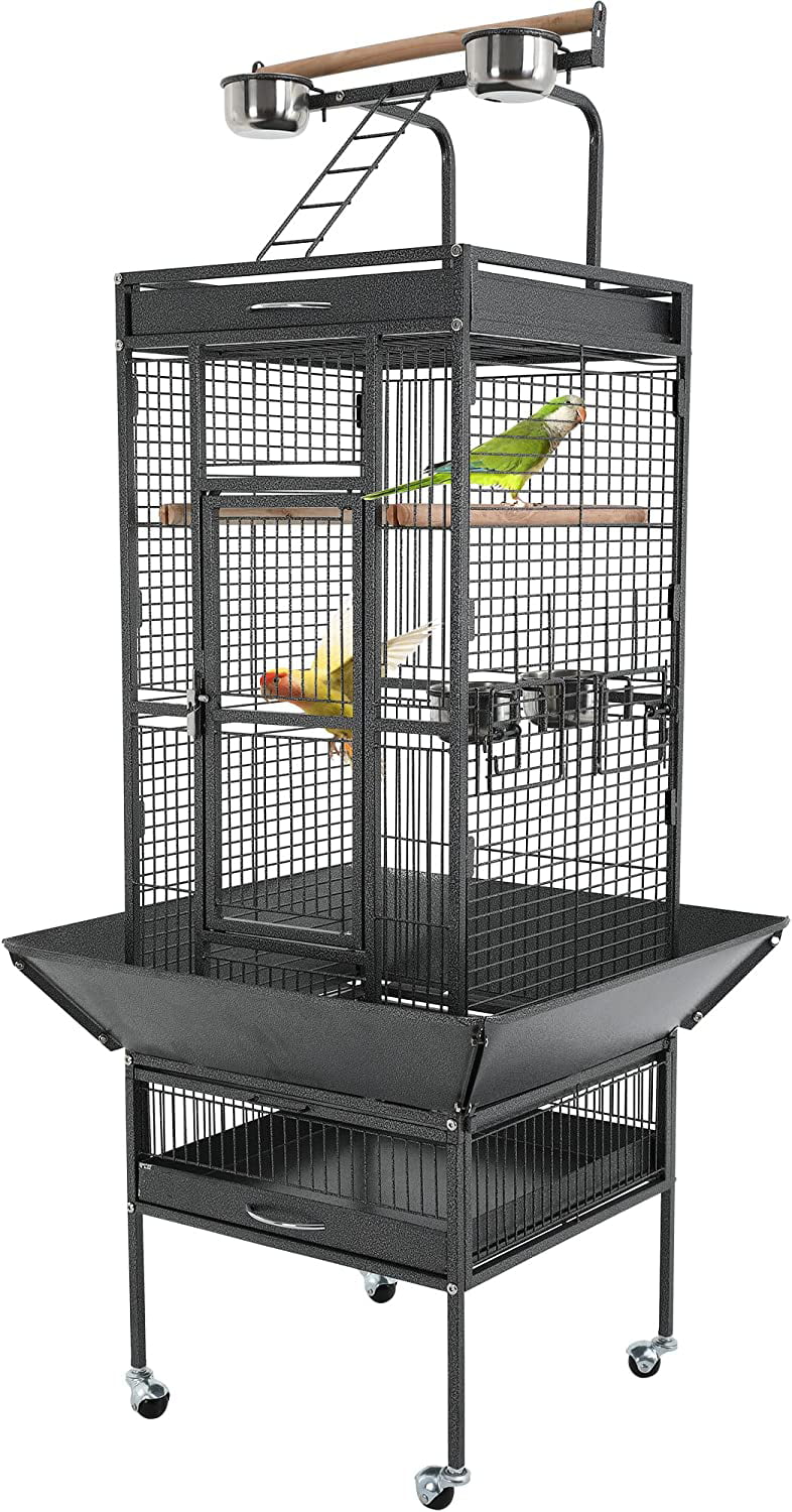 YRLLENSDAN 61-inch Wrought Iron Large Bird Cage with Play Top and Rolling Stand Parrot Cage Bird Cages， Black