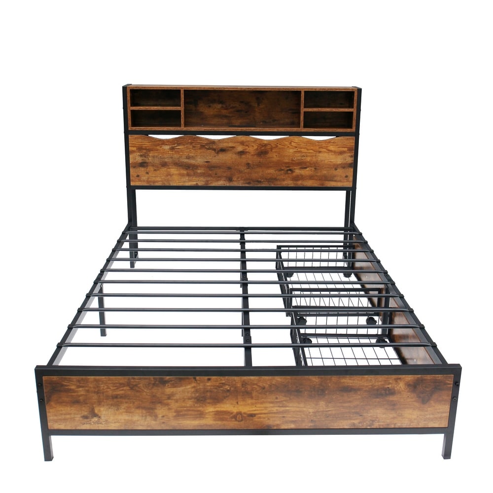 Rustic Bookcase Bed Frame with Charging Station + 2 Storage Drawers 