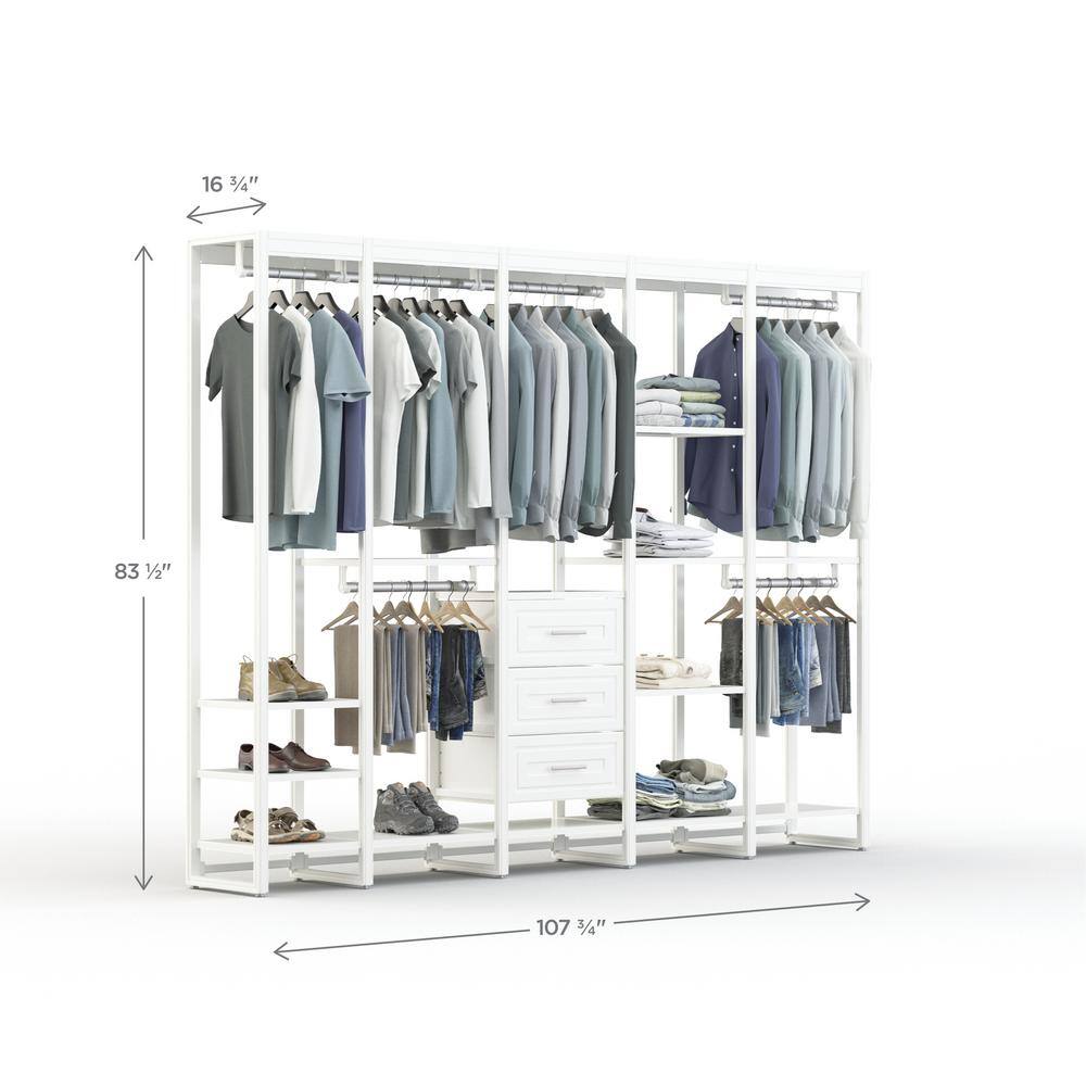 CLOSETS By LIBERTY 108 in. W White Adjustable Wood Closet System with 13-Shelves 6-Rods and 3-Drawers HS47567-RW-09