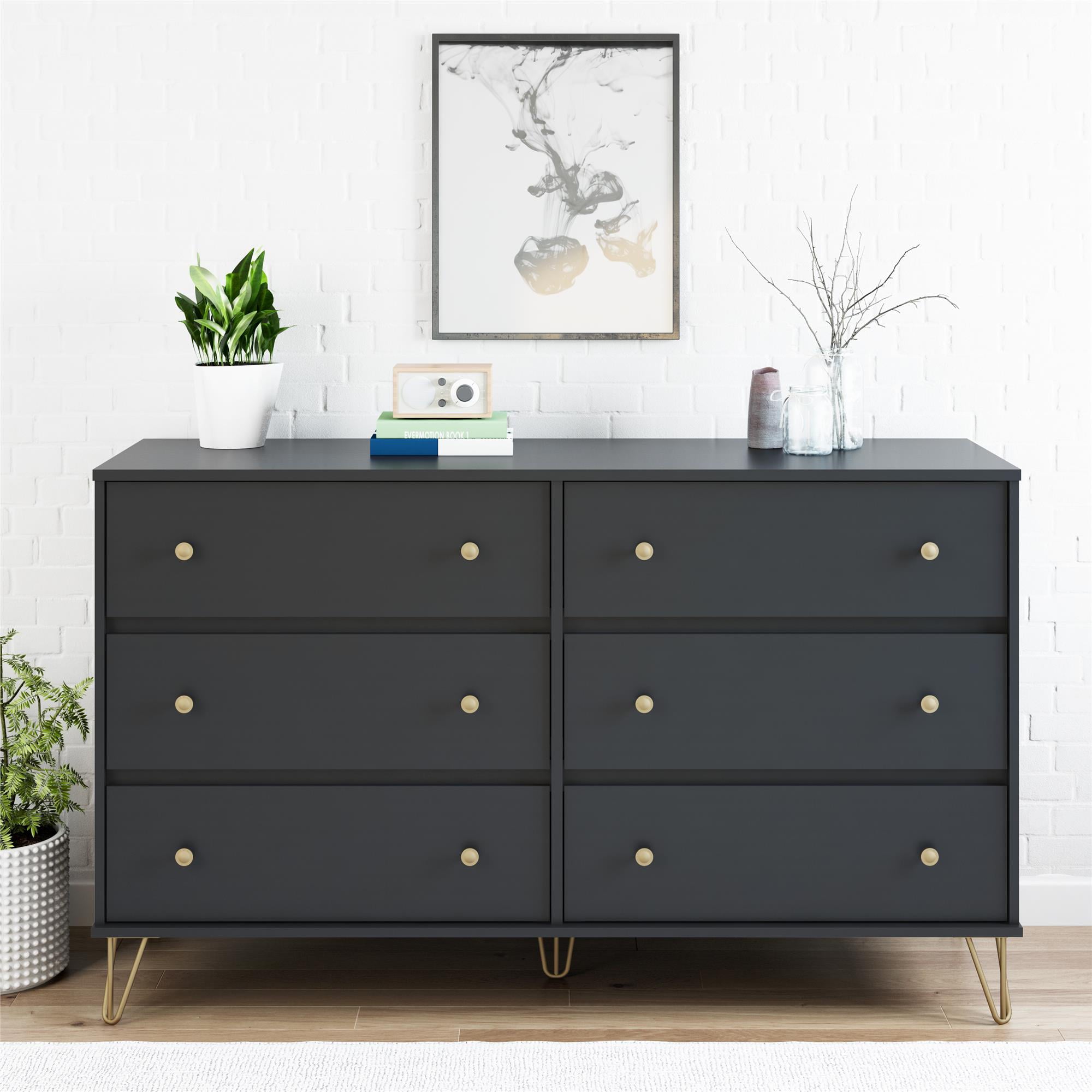 Novogratz Owen Mid-Century modern 6 drawer dresser, Black