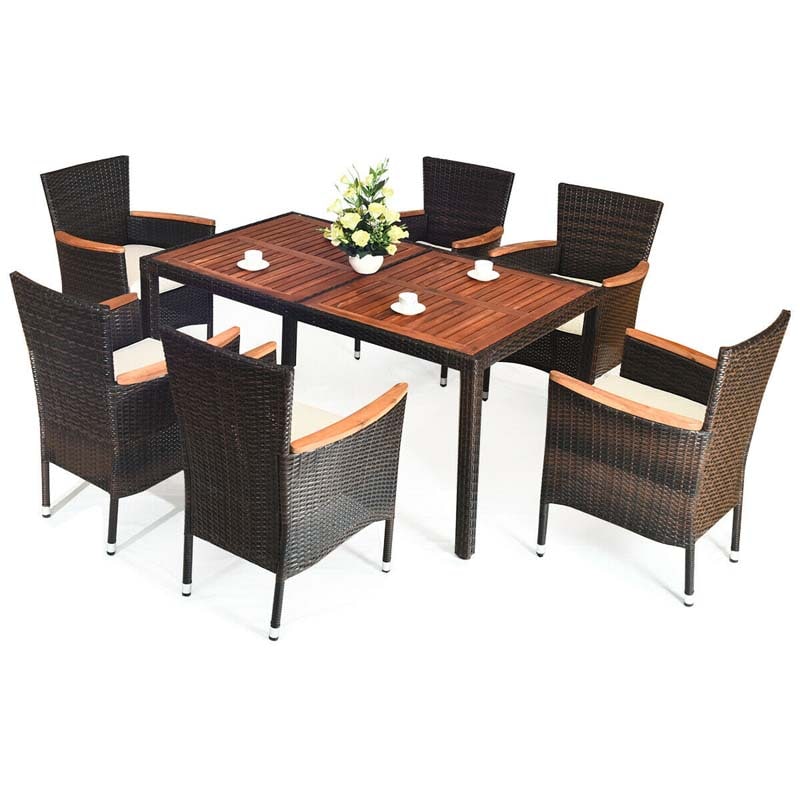 7 Pcs Rattan Outdoor Dining Set with Acacia Wood Tabletop & 6 Stackable Cushioned Armchairs