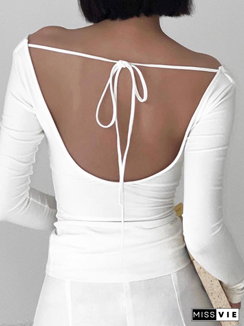 Solid Color Stacked Neck Backless Lacing Long Sleeve Tee