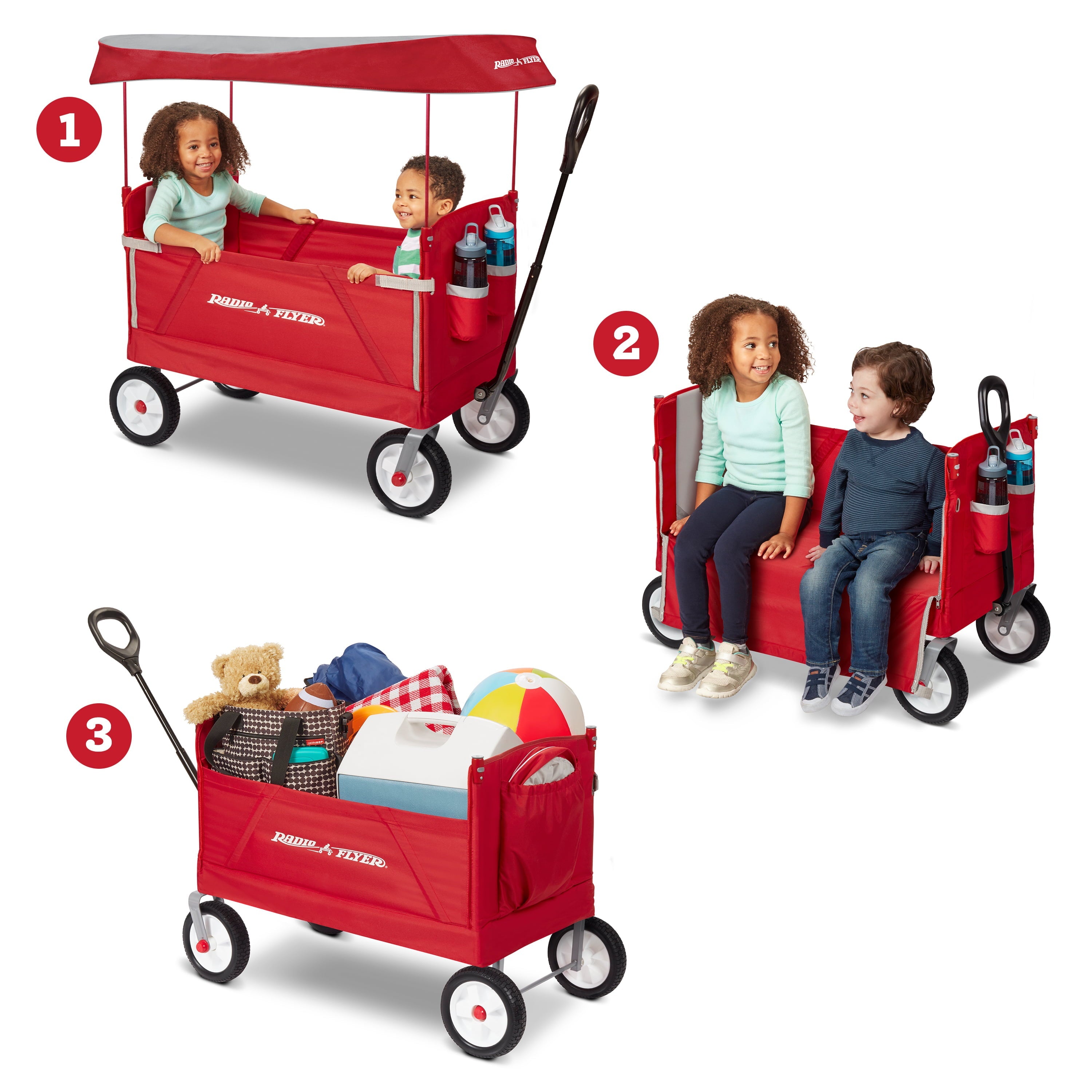 Radio Flyer, 3-in-1 off-road EZ Folding Kids Wagon with Canopy, Puncture Proof Tires, Red