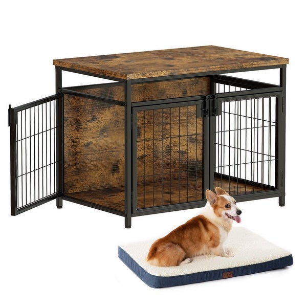 Grondin Rustic Industrial Style Wooden Dog Crate Dog Kennel with Three Lockable Doors， Indoor Pet Furniture Dog House End Table