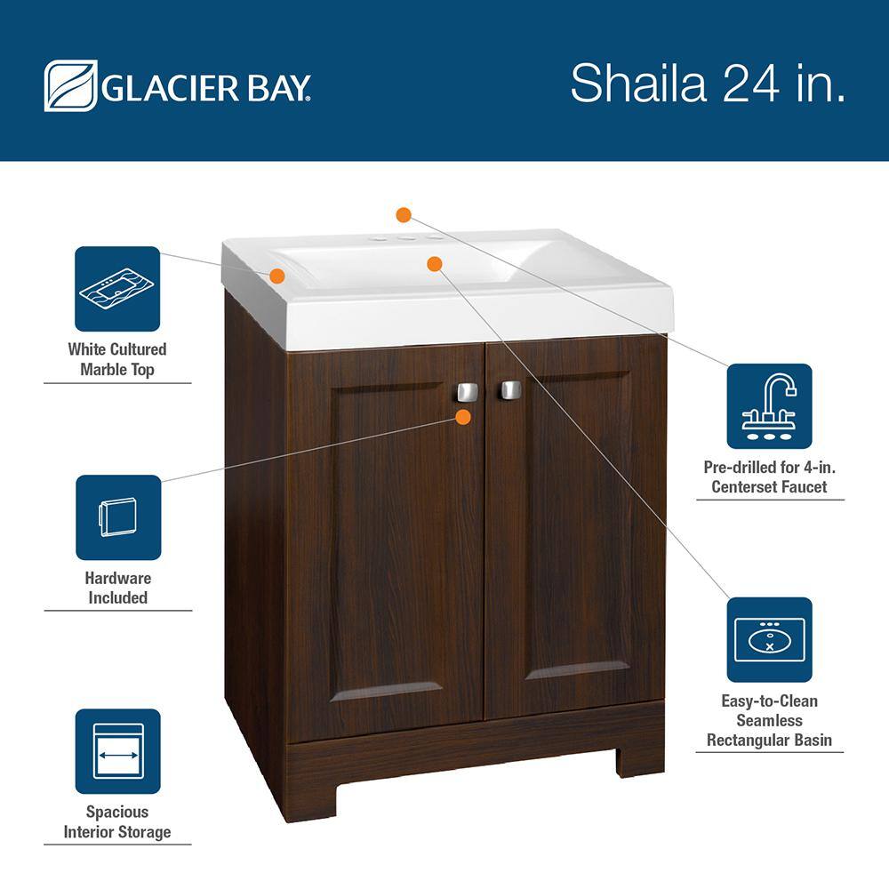 Glacier Bay Shaila 24.5 in. W Bath Vanity in Truffle with Cultured Marble Vanity Top in White with White Sink PPSOFTRF24