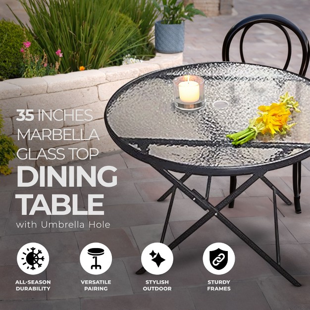 Round Marbella Folding Steel Dining Table Outdoor Backyard Patio Furniture With Glass Tabletop And Umbrella Hole Black