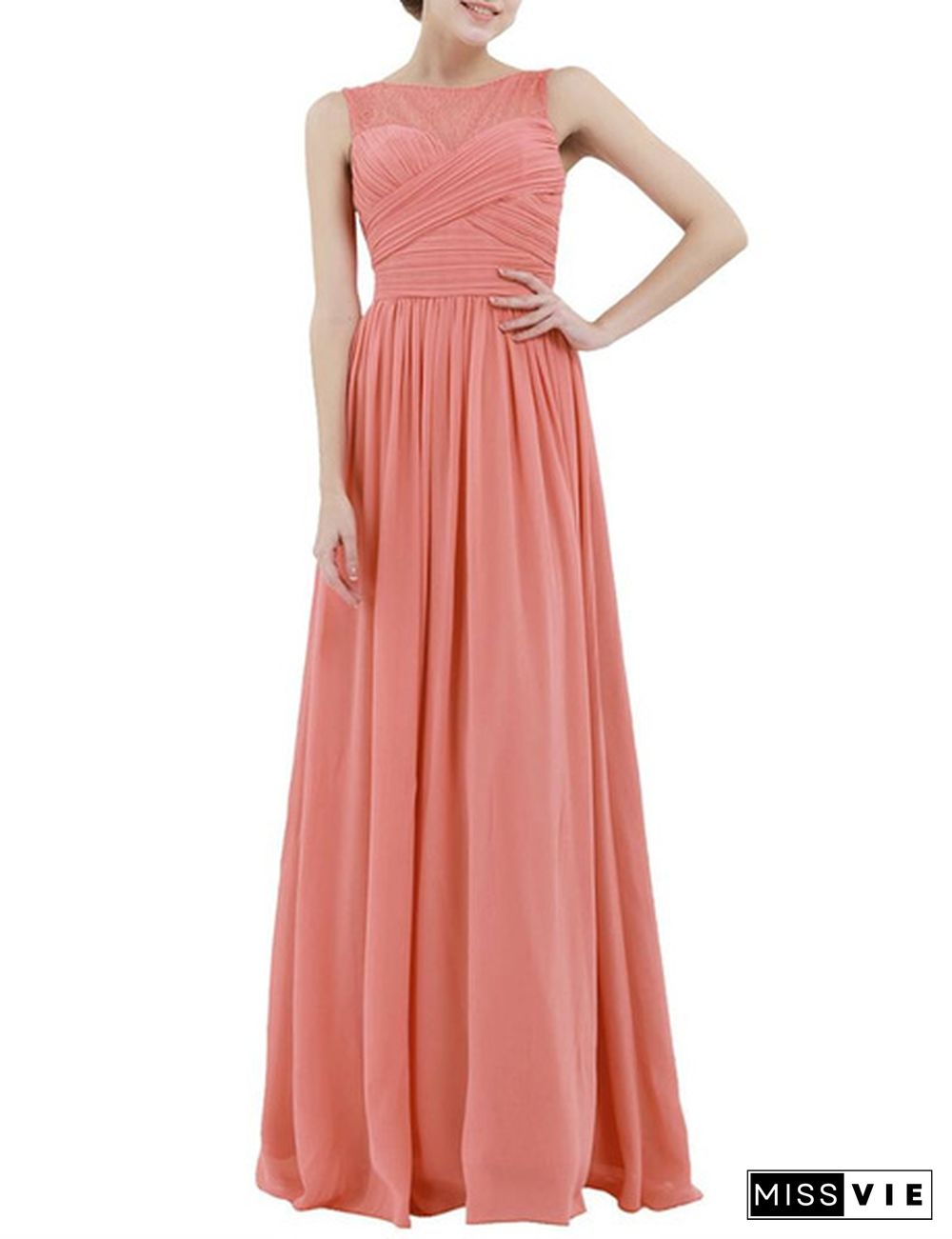 Women Chiffon Full Length Bridesmaid Wedding Evening Cocktail Dress Lace Sleeveless Dress US 4-16