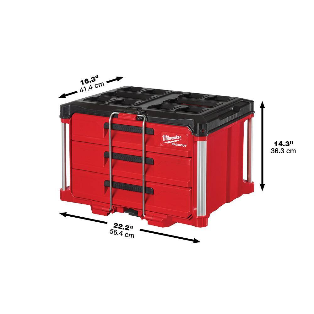 MW 38 in. Drive SAEMetric Mechanics Tool Set (62-Piece) with PACKOUT 3-Drawer Tool Box 48-22-9008-48-22-2706-48-22-8443