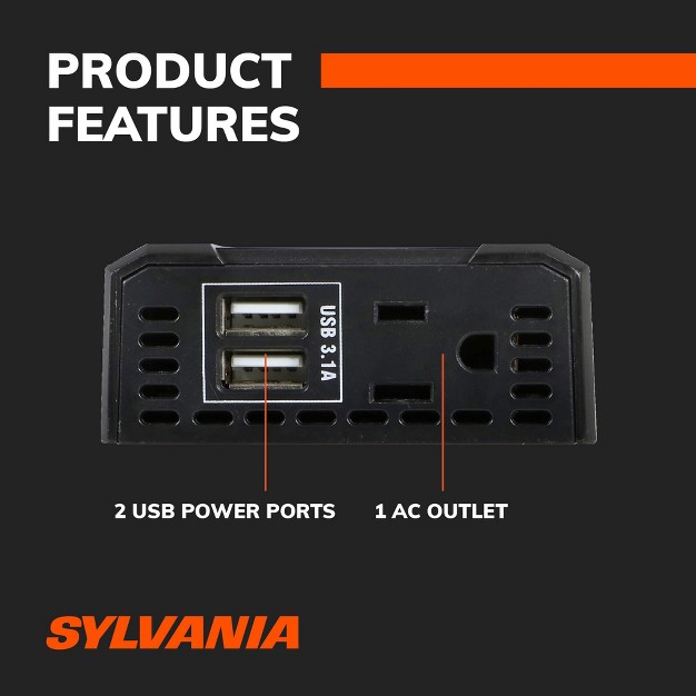 Sylvania 120w Continuous 240w Peak Power Inverter dc 12v To 110v Ac Power Car Rv Converter 2 Usb Ports 5v Dc 3 1a Shared Power Fault Led Indicator 12v Plug With Replaceable Fuse