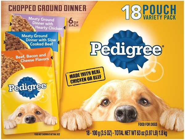 Pedigree Chopped Ground Dinner Variety Pack With Chicken， Beef and Bacon Wet Dog Food