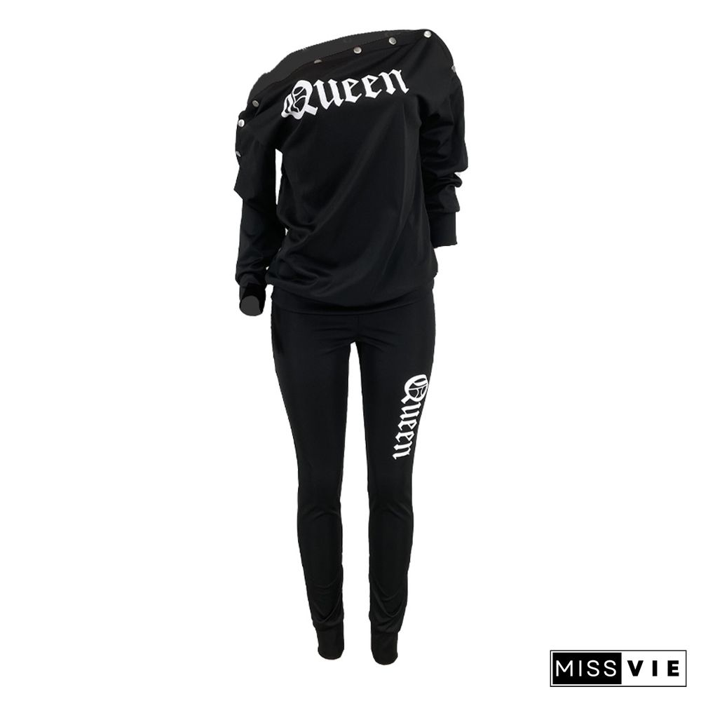 Letter Off Shoulder T-shirt Jogger Pants Tracksuit