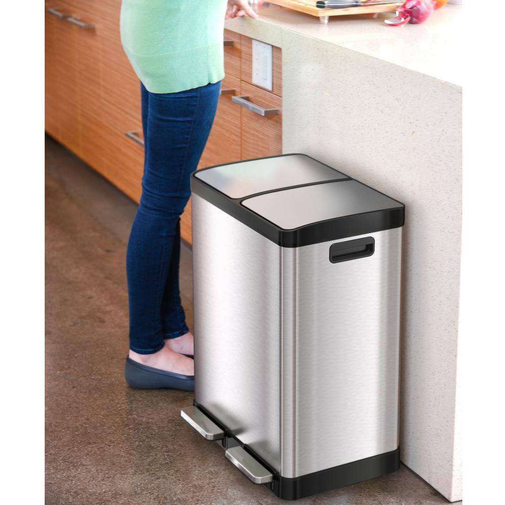 iTouchless SoftStep 16 Gal. Stainless Steel Step Trash Can and Recycle Bin Combo Unit with Removable Inner Bins for Kitchen Office PC60RSS