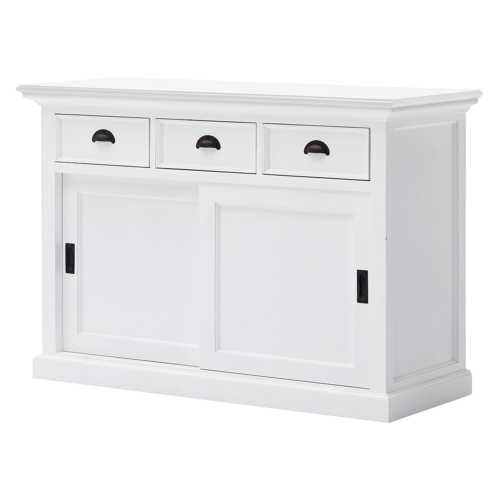 NovaSolo Halifax Coastal White Sideboard with Sliding Doors  Solid Mahogany Frame  49.21 x 19.69 x 33.46