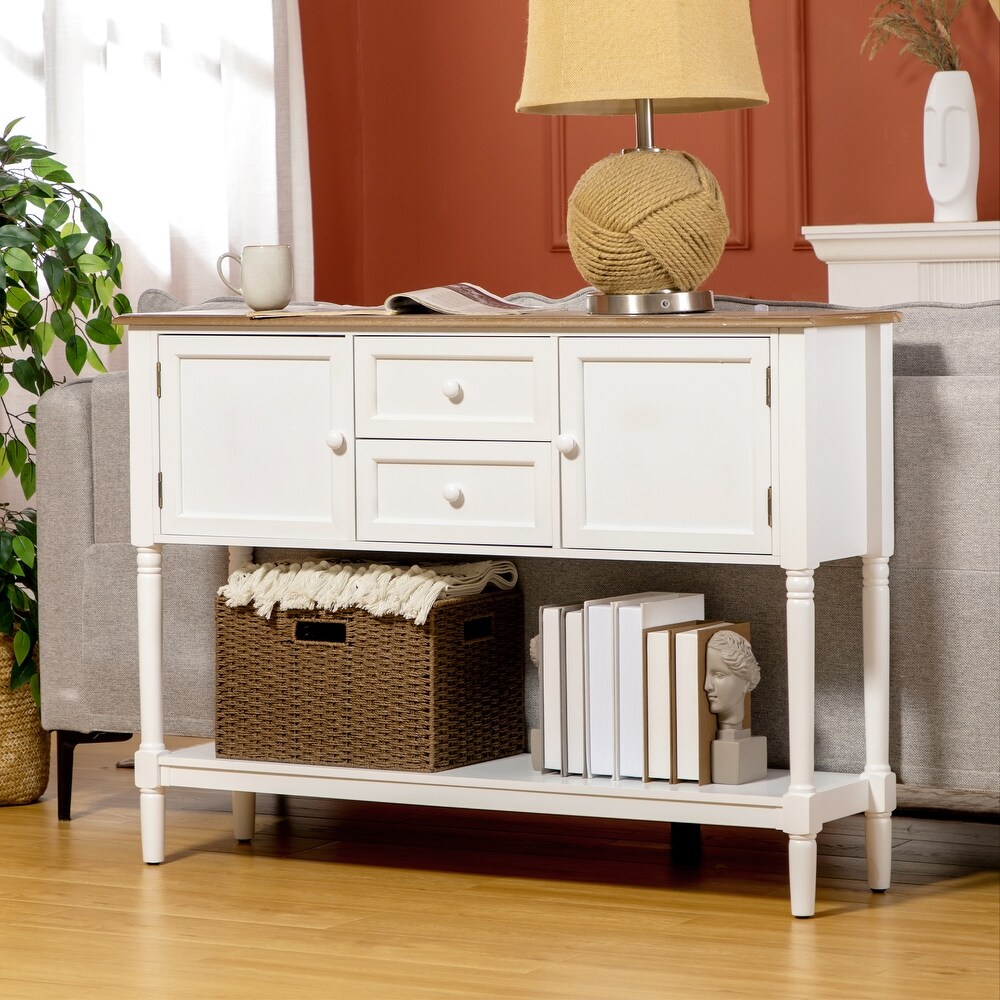 HOMCOM Console Table with Drawers  Vintage Entryway Table with 2 Drawers  Cabinets and Bottom Shelf  White