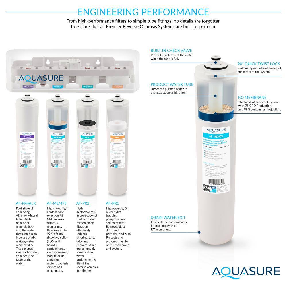 AQUASURE Premier Series Alkaline Remineralizing Reverse Osmosis Water Filtration System with Chrome Faucet AS-PR75AK