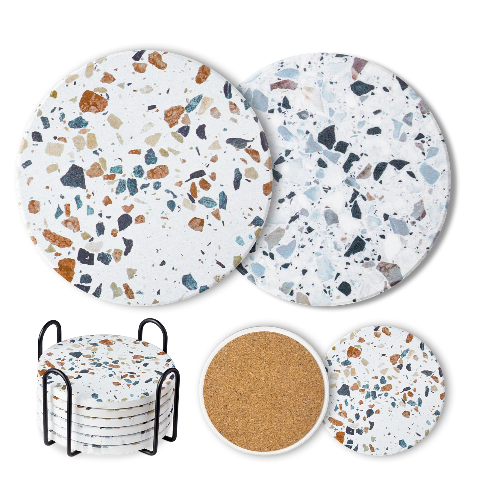 LIFVER Coasters for Drinks， Absorbent Coasters with Holder Set of 6， Avoid Furniture Being Scratched and Soiled， Housewarming Gift for Home Decor， 4 inches -2 Terrazzo Pattern