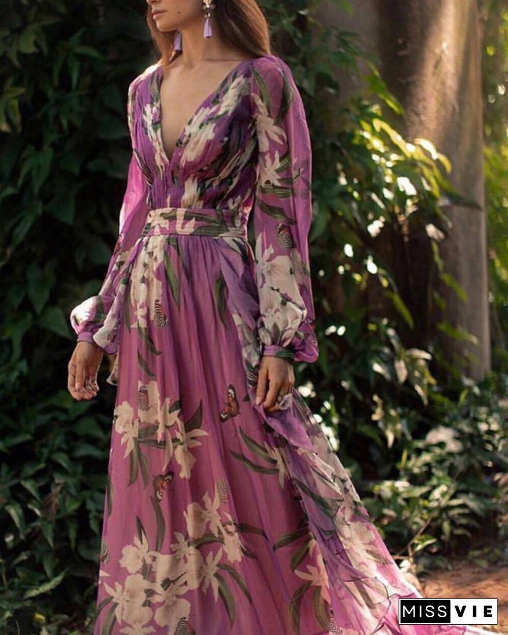 Women Sexy Floral Printed V-Neck Evening Party Dress