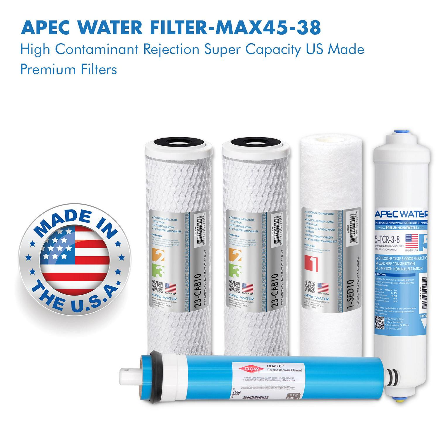 APEC ULTIMATE Fast Flow Complete Replacement Filter Set FILTER-MAX45-38 for 50 GPD Reverse Osmosis System with Upgraded 3/8 D Tubing Quick Dispense