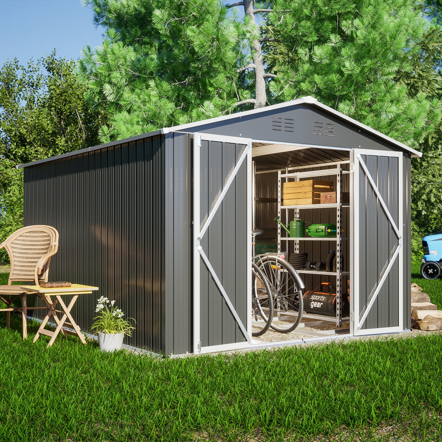 LZBEITEM 8'x10' Outdoor Metal Storage Shed, Galvanized Steel Garden Shed, Metal Garden Tool Shed with Double Lockable Doors for Backyard Patio Lawn, Gray