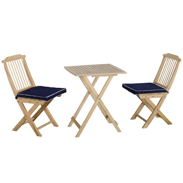 Outsunny 3 Pieces Patio Folding Bistro Set Outdoor Pine Wood Table And Chairs Set With Tie on Cushion amp Square Coffee Table Dark Blue