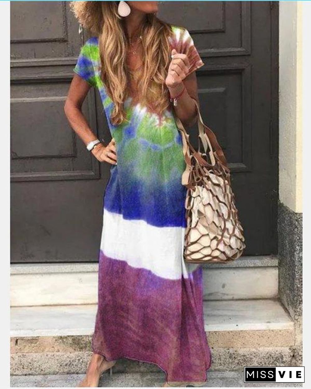 Crew Neck Casual Short Sleeve Gradient Maxi Dresses