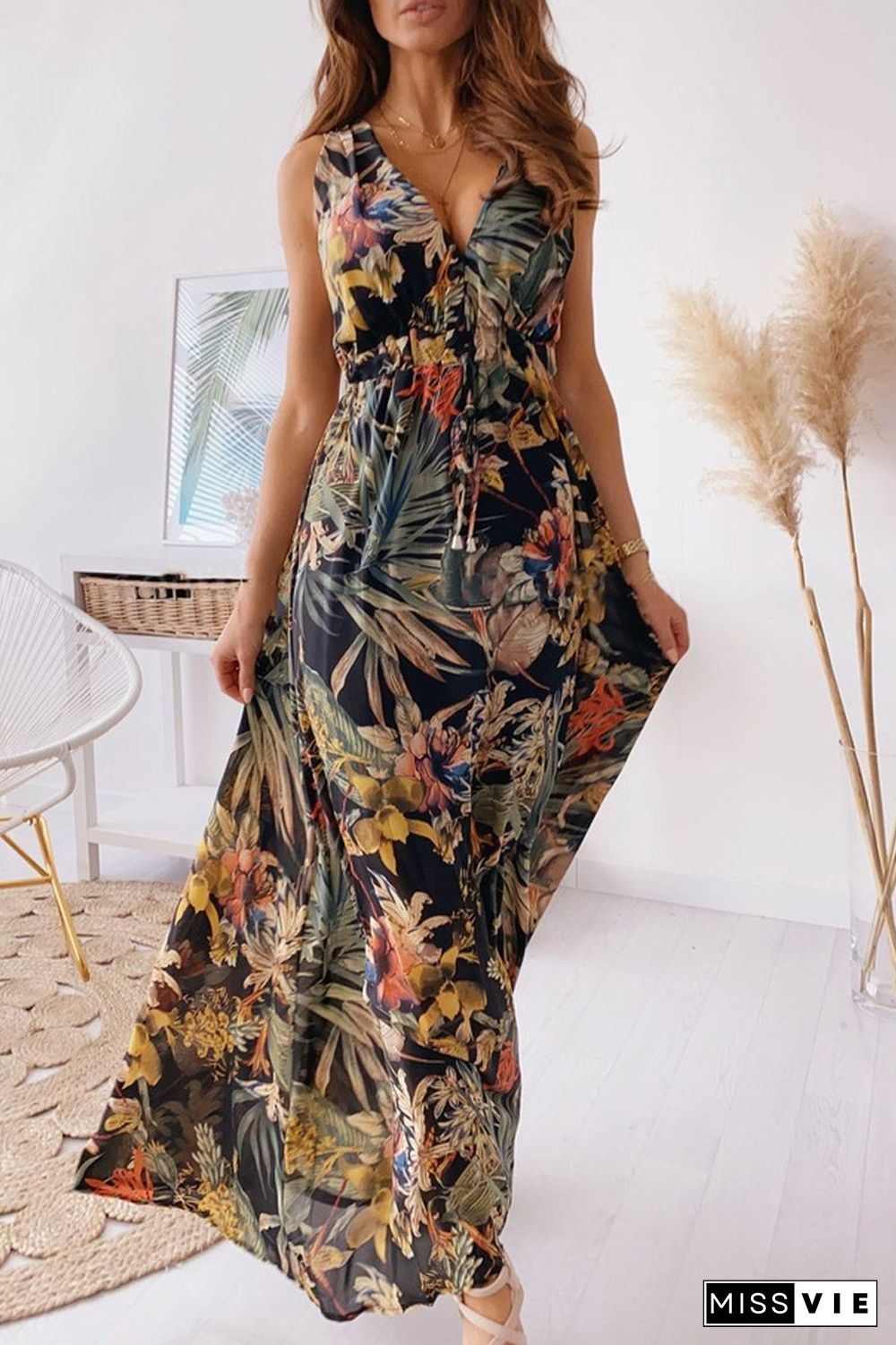 Lace-Up V-Neck Floral Sleeveless Dress