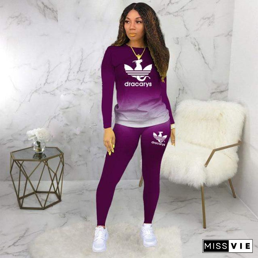 Two Piece Set Women Tracksuit Casual Cotton Gradient Print Long Sleeve Pullover T-shirts Top and Pants Sweatsuit Outfits