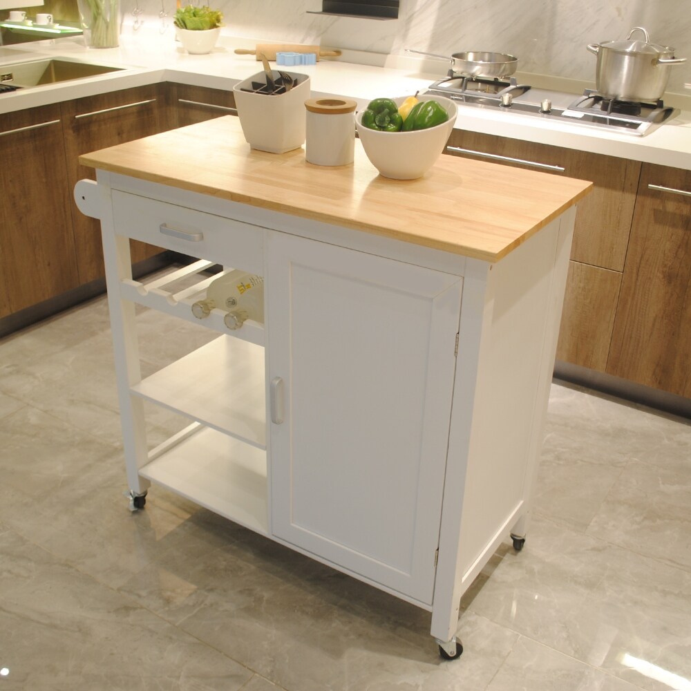 2 tier Open White Shelves Kitchen Island Cart  Movable Kitchen Shelf