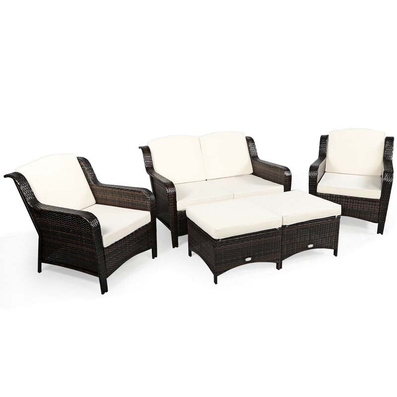 5 Pcs Rattan Wicker Patio Furniture Set with Loveseat, Single Sofas & Ottomans, Outdoor Conversation Sets