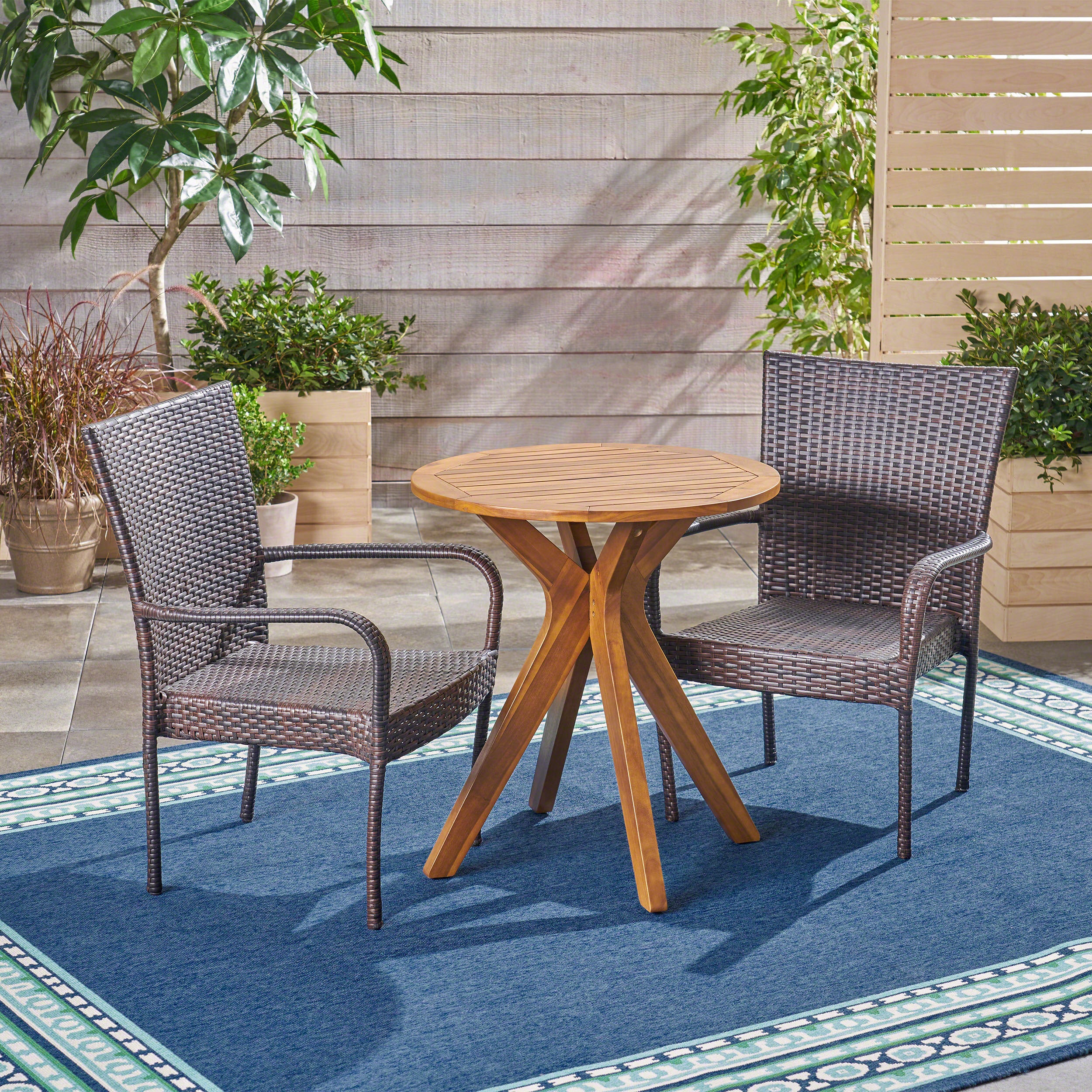 Franzburg Outdoor 3 Piece Acacia Wood and Wicker Bistro Set