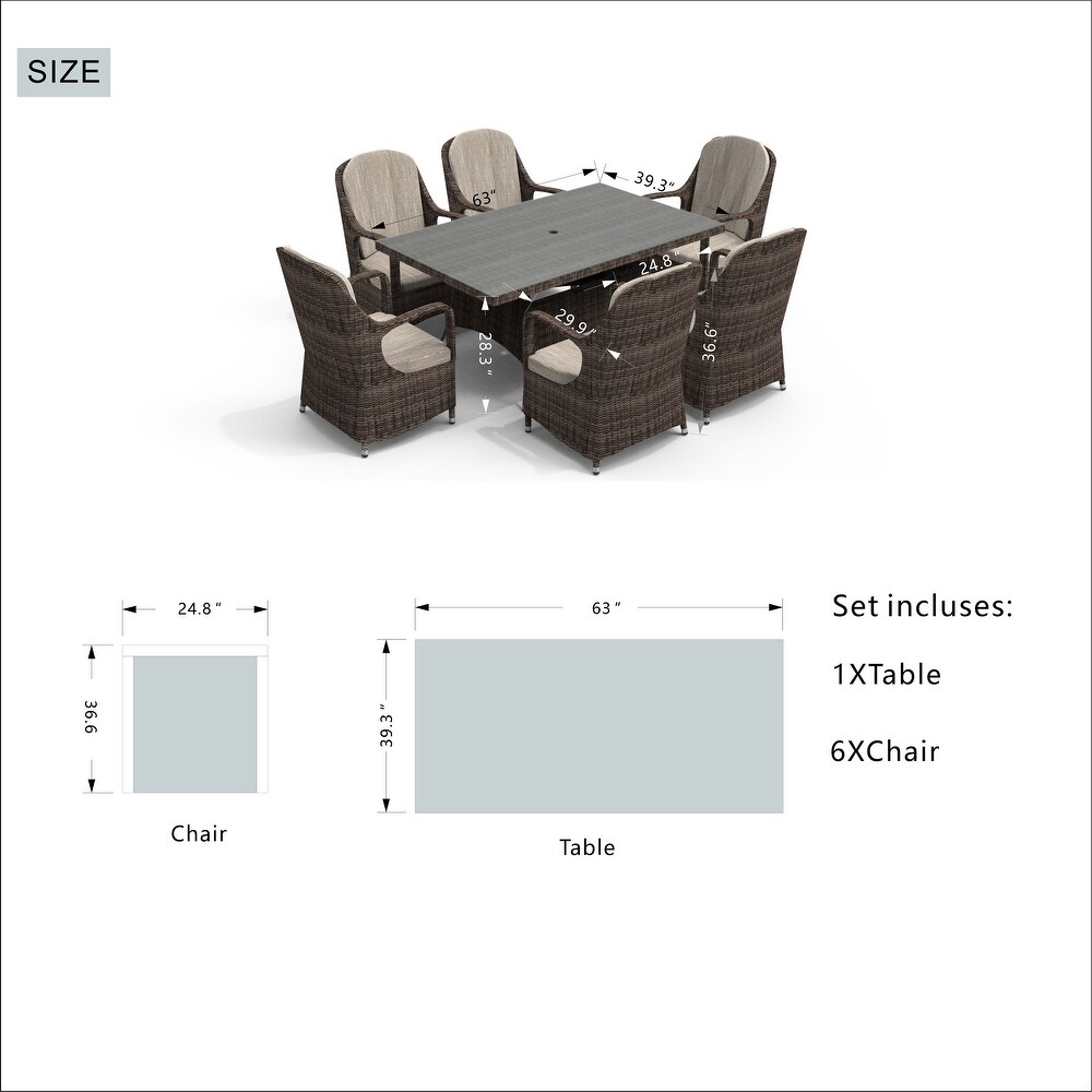 Abrihome 7 piece Outdoor Wicker Dining Table Set with 6 Eton Chairs