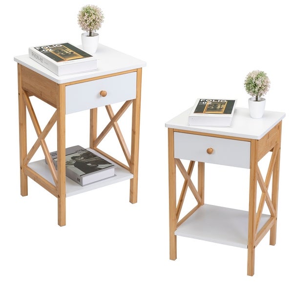 Bamboo Nightstand Set of 2， Wood End Table with Drawer， X-Shape Frame