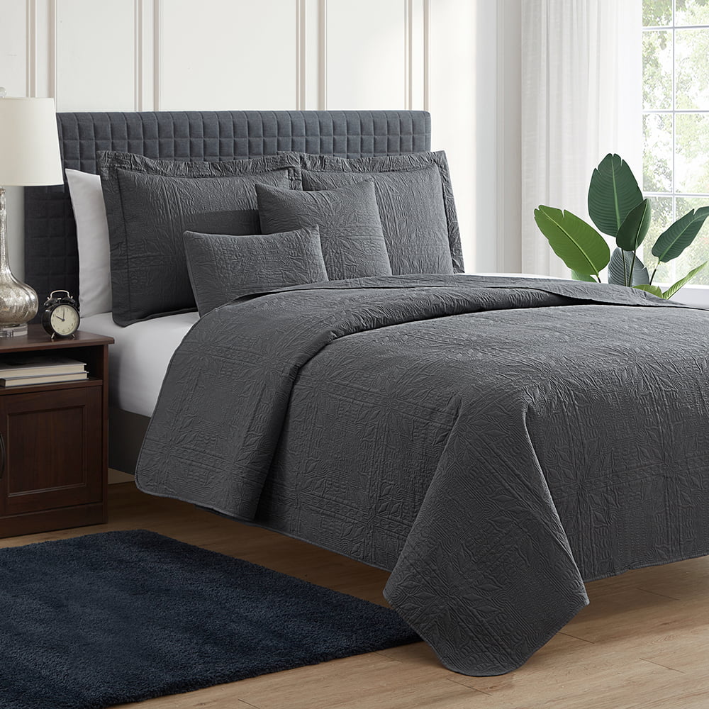 Clara Clark Quilt Set Bedspread - Ultra Soft Microfiber - Grid Weave Pinsonic Lightweight Coverlet - Quilted Comforter 5 Piece Bedding Set - 2 Pillow Shams， 2 Euro Shams - Queen， Gray