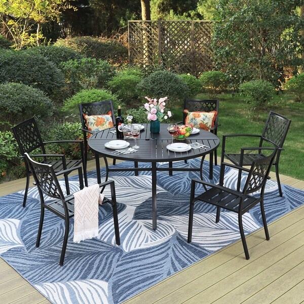 MAISON ARTS 7 Pieces Outdoor Dining Set for 6，Large Round Dining Table with Umbrella Hole and Stackable Metal Chairs